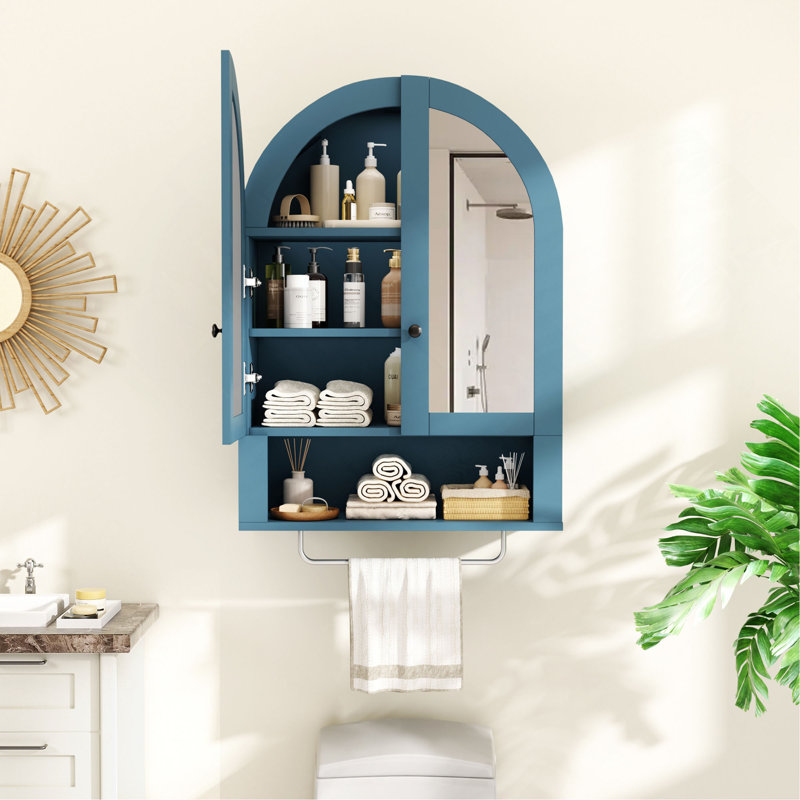 Wall Mounted Arched Cabinet With Mirrored Doors And Adjustable Shelves For Laundry Room, Bathroom, Kitchen