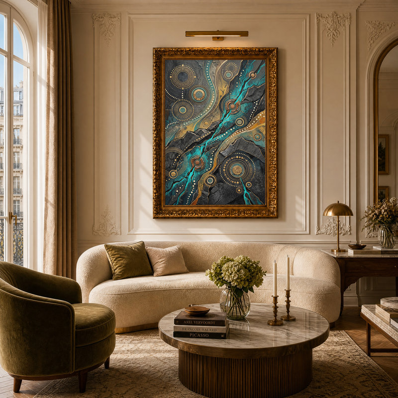 Tableau sur toile à motif de cercles abstraits turquoise et or, H 24 po x l 16 po