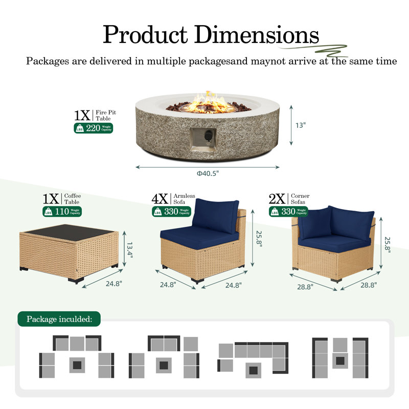 Ensemble de conversation de patio en rotin 8 pièces avec coussins et table de foyer d'extérieur de 42 pouces, Marine