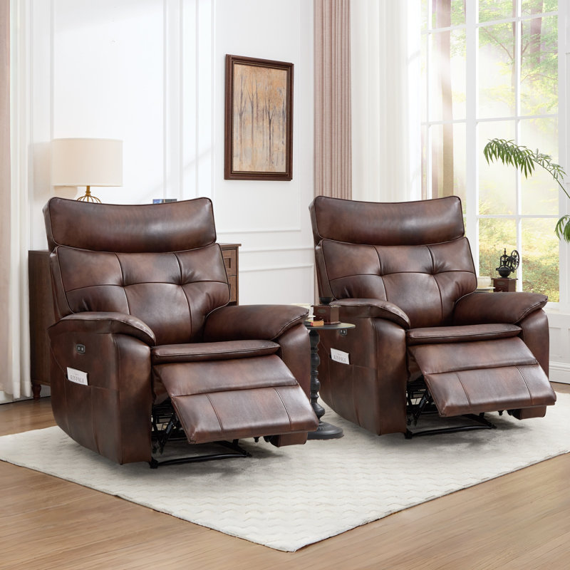 Fauteuil inclinable électrique recouvert en cuir véritable d'une largeur de 35,8 po avec poche latérale et port USB (ensemble de 2)