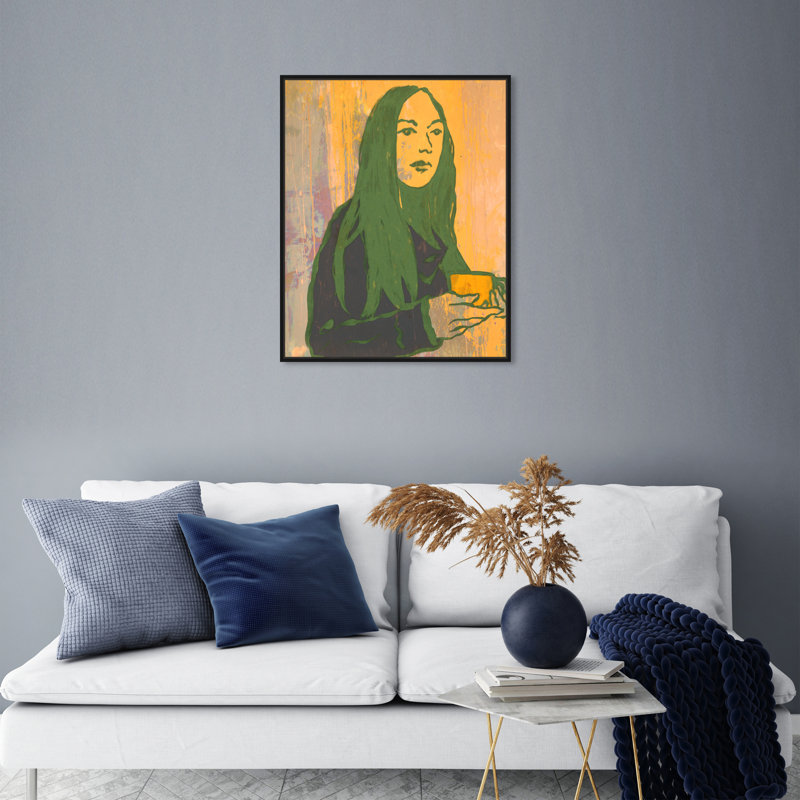 Lady Green Tea - peinture sur toile, H 24 po x l 20 po, Toile avec cadre noir