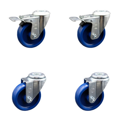 4 Inch SS Solid Polyurethane Swivel Bolt Hole Caster Set with 2 Total Lock Brake