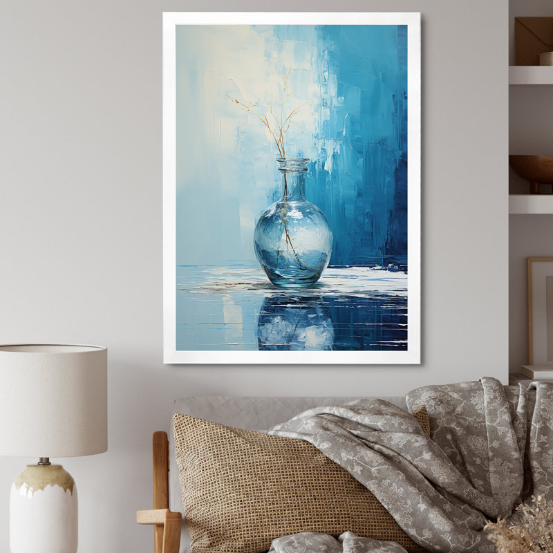 Vase de poterie bleu et blanc Boho, Cadre simple blanc, H 20 po x l 12 po x P 1 po