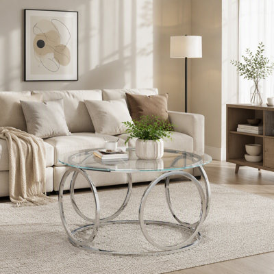 Table basse 31,5 "moderne avec plateau rond en verre avec cadre circulaire en métal pour le salon, le bureau et le salon