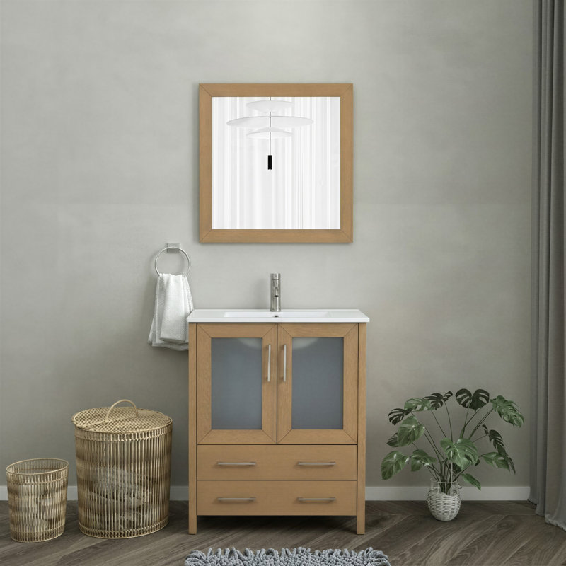 Brescia 30" Single Sink Freestanding Bathroom Vanity with Ceramic Top and Matching Mirror, Natural Oak