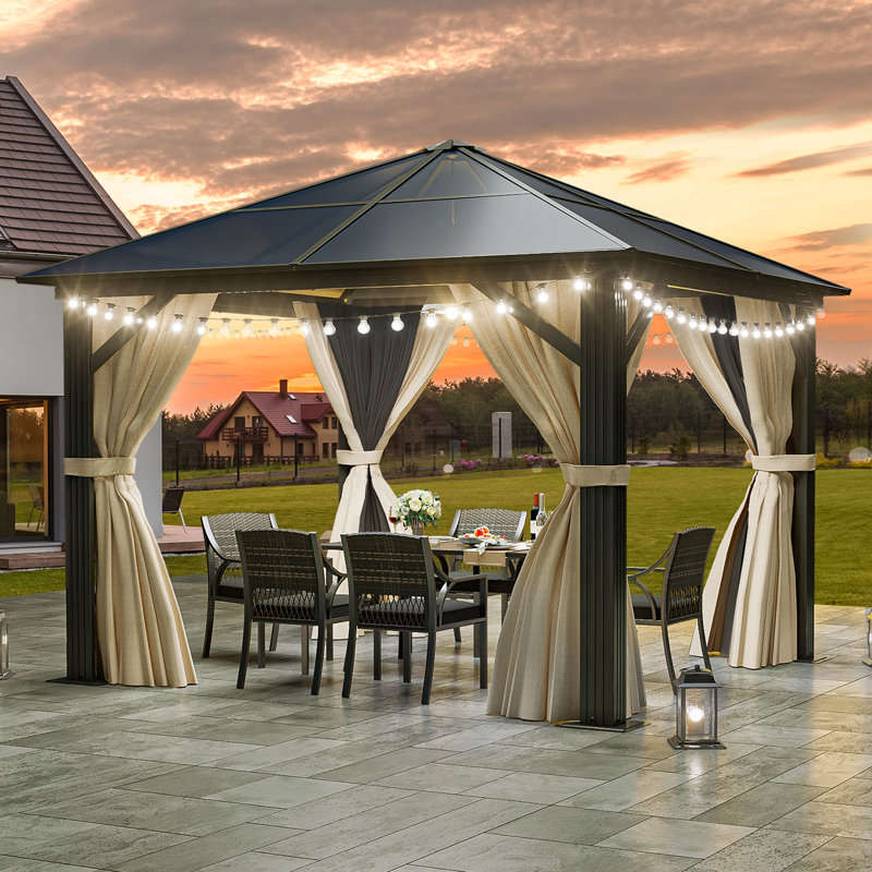 Pavillon de jardin en aluminium avec rideaux, L 10 pi x P 10 pi
