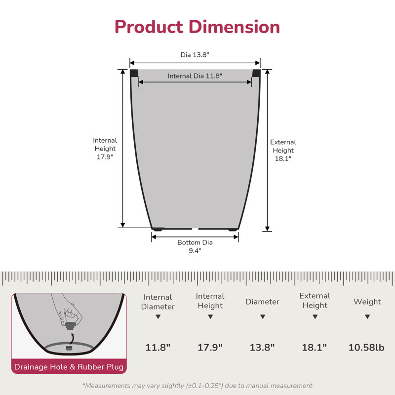 18" H x 13.5" W Weather Resistant Cement Planter,Indoor & Outdoor Plant Pot With Drainage,Warm Gray, Warm Gray