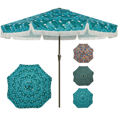 Parasol de patio à frange 10 pi avec manivelle, inclinaison à bouton-poussoir pour abat-jour, 8 nervures en fibre de verre, mât en acier de qualité supérieure de 1,5 po