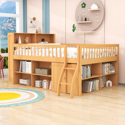 Lit mezzanine en bois avec tête de lit à DEL intégrée et tablettes de rangement