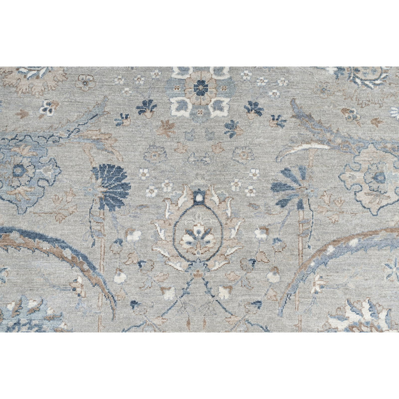 Tapis gris et bleu noué à la main de haute qualité