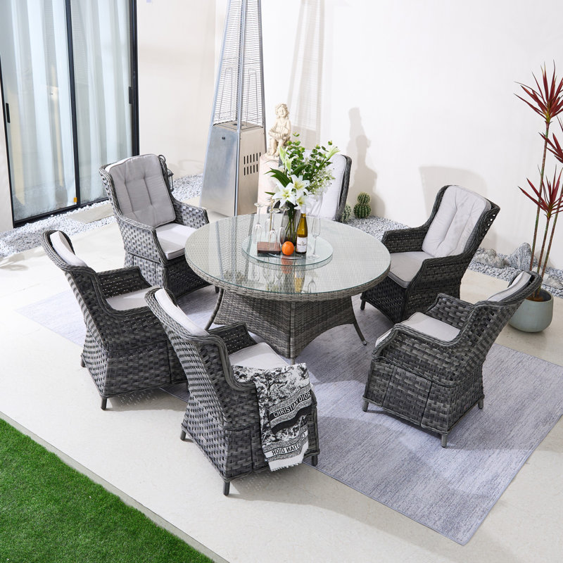 Round Outdoor Dining Set With Cushions, Gray, 6