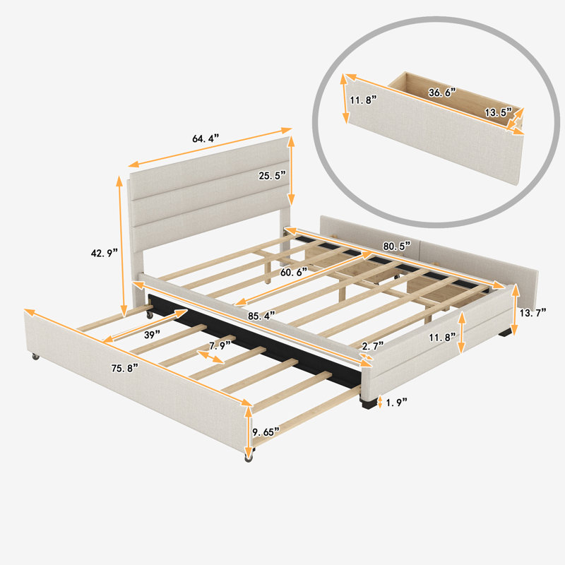 Carico Upholstered Platform Storage Bed, Beige, Polyester