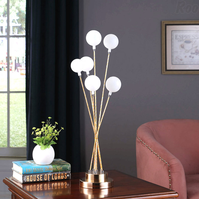 Lampe de table - Globe en acrylique à 6 lumières, DEL en aluminium, finition or jaune chrysanthème, cadre en métal, Doré