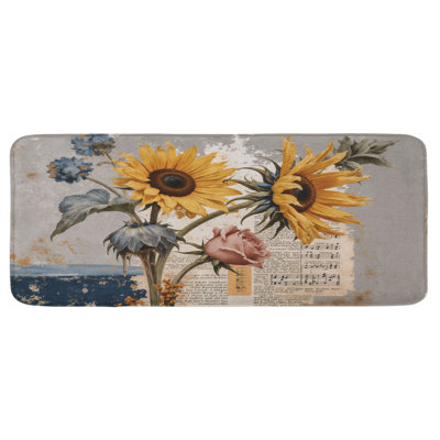 Raegan Kitchen Mat, Sunflower And Rose Botanical Collage With Sheet Music Notes Vintage Cottage Style, Plush Decorative Large Mat With Non Slip Backing, 47" X 19"