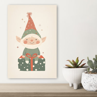Happy Christmas Gnome Whimsical Abstract Contemporary Winter Landscape Wall Art Print 1 Piece Wrapped Canvas Wall Art