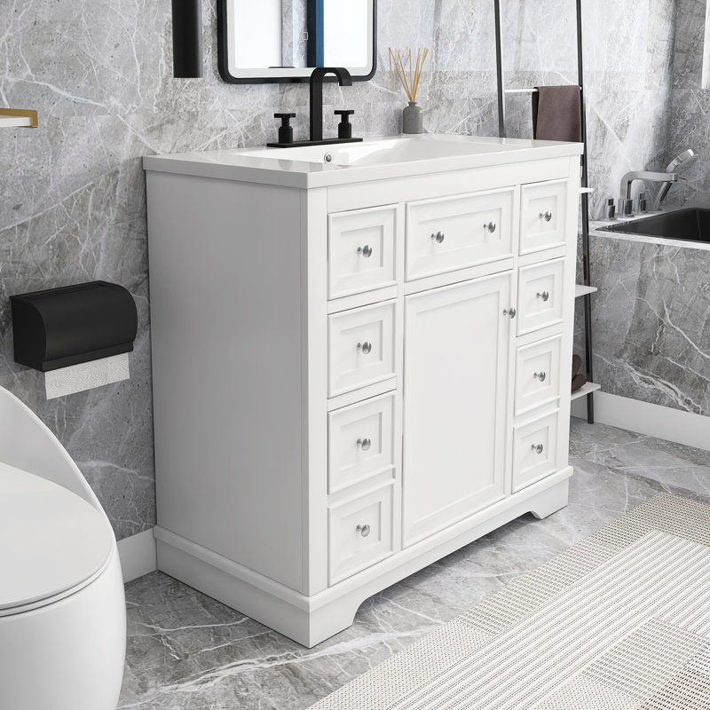 Meuble-lavabo simple autoportant 36 po avec plateau en céramique Matie, Blanc