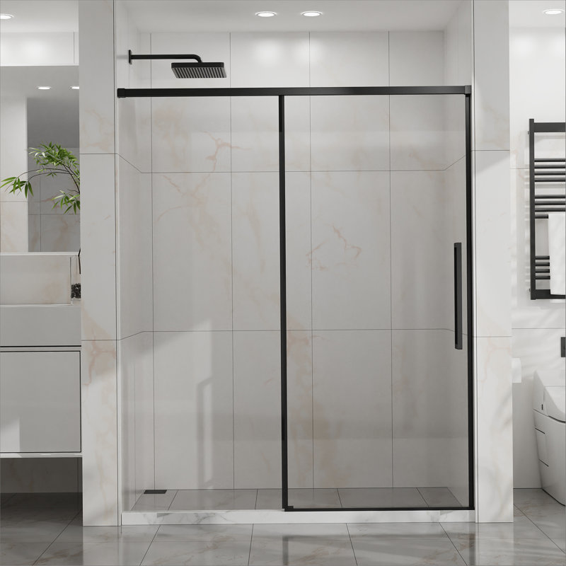 60" W x 72" H Sliding Shower Door, Semi-Frameless Glass Shower Door, 1/4" (6mm) Thick Tempered Clear Glass with Easy-clean Coating, Stainless Steel Hardware, Matte Black