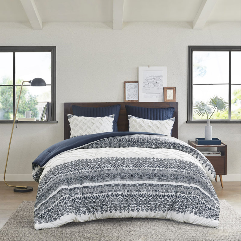 Ensemble d'édredon en coton 3 pièces avec capitonnage en chenille bleu marine double / grand, Rayures bleu marine