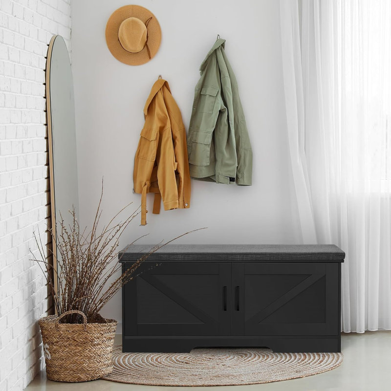 2-Tier Entryway Shoe Storage Bench With Padded Seat, Barn Doors, And Adjustable Shelf, Black