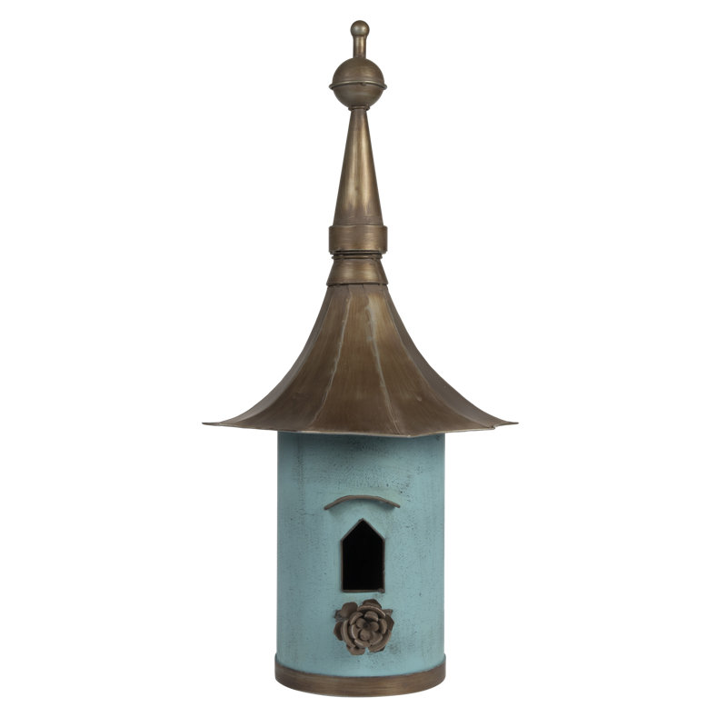Aqua and Black Iron Freestanding Birdhouse with Flower Perch