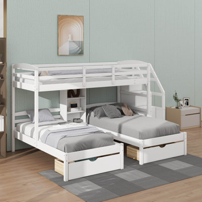 Wooden 3-Bunk Bed Frame With Stairs, Storage Drawers, And Built-In Shelves, Twin-Over-Twin-Over-Twin Triple Bunk Bed