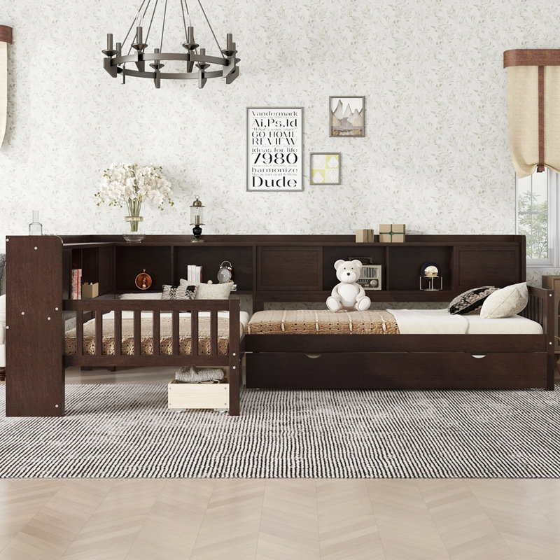 Lit plateforme en L simple avec lit gigogne, Espresso