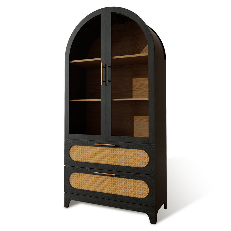 Armoire de rangement arquée en bois avec portes en rotin, étagère de présentation autoportante à 3 niveaux avec rangement caché