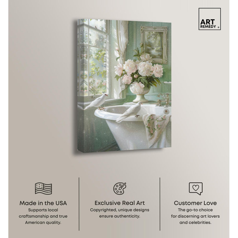 Spring Dove Bathroom Canvas Art in Green and White