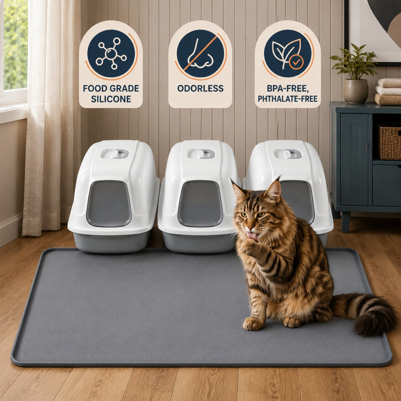XL premium silicone litter box mat with waterproof protection and 0.63 in high raised edges; the non-slip, easy-clean floor protector is soft on paws and designed for scatter control.