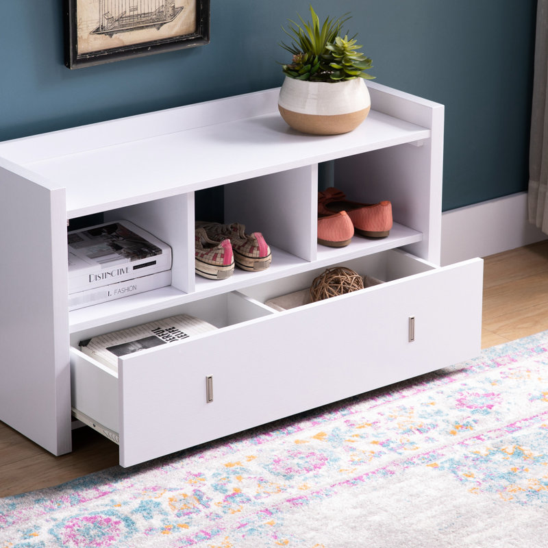 Organisateur de coffre à chaussures blanc avec trois tablettes et un support de tiroir