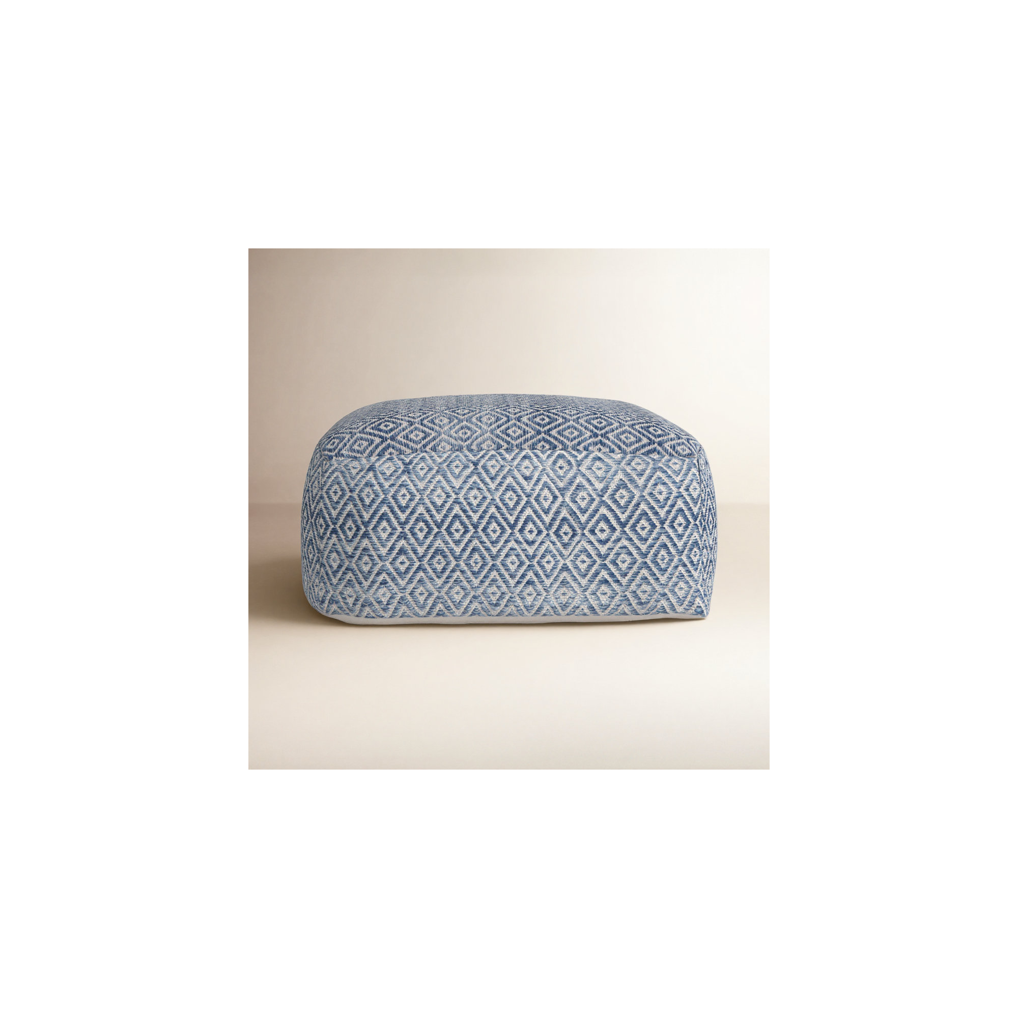 Iyanola 34'' Wide Square Geometric Pouf Ottoman, Beige/Blue