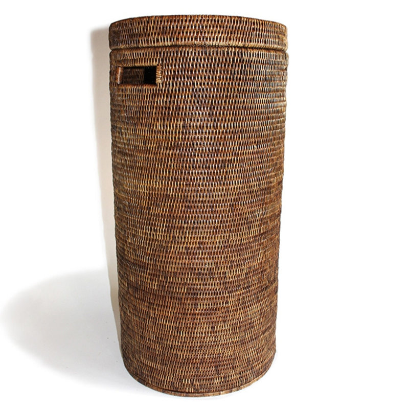 Hand Woven Wicker Laundry Hamper with Handles, 28" H x 13.5" W x 13.5" D, Antique Brown