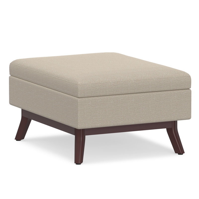Owen 34"W Upholstered Fabric Mid-Century Modern Rectangular Lift-Top Ottoman with Tapered Legs, Natural Linen Look Polyester