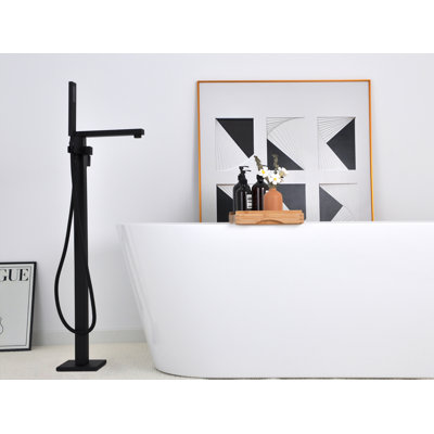 Robinet de baignoire à fixation au sol Cozyblock Robinet de baignoire autoportant Robinet de douche à haut débit sur pied, bec carré pivotant avec douchette carrée | Robinet de baignoire moderne (noir mat)