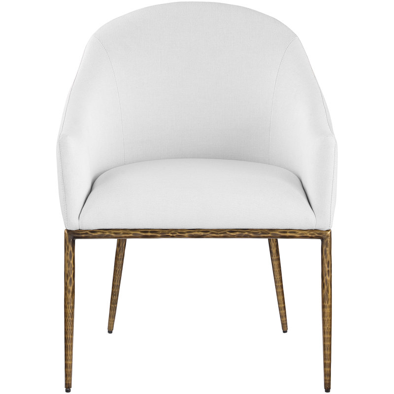 Chaise de salle à manger rembourrée Ferro, Tissu texturé en lin blanc, Or brossé