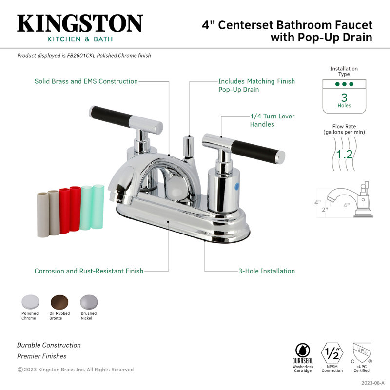 Kingston Brass Kaiser Two-Handle 3-Hole Deck Mount 4" Centerset Bathroom Faucet with Plastic Pop-Up, Gold