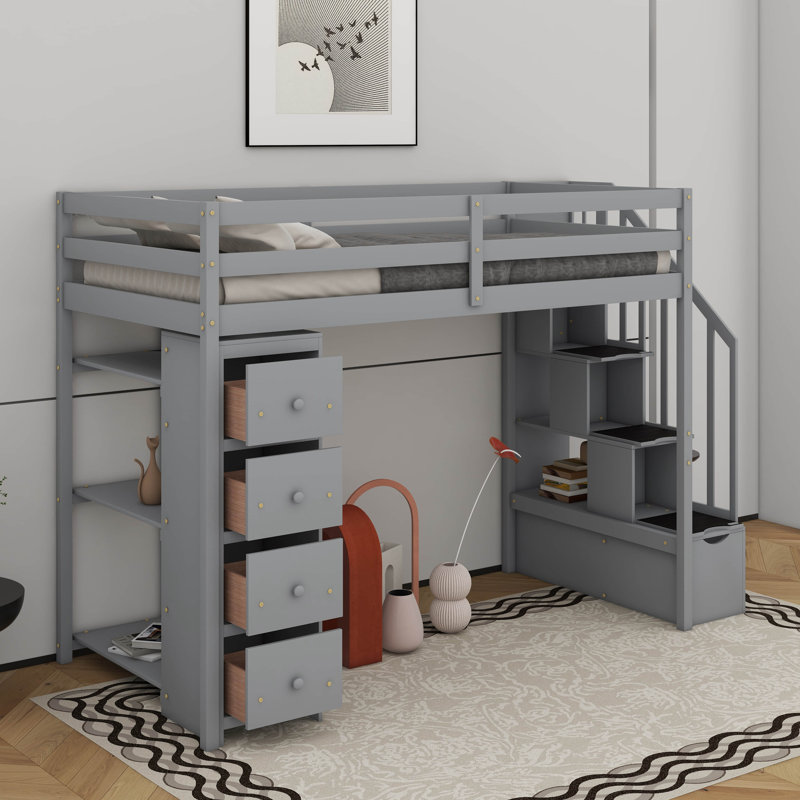 Lit mezzanine simple avec tiroirs et escaliers, Gris