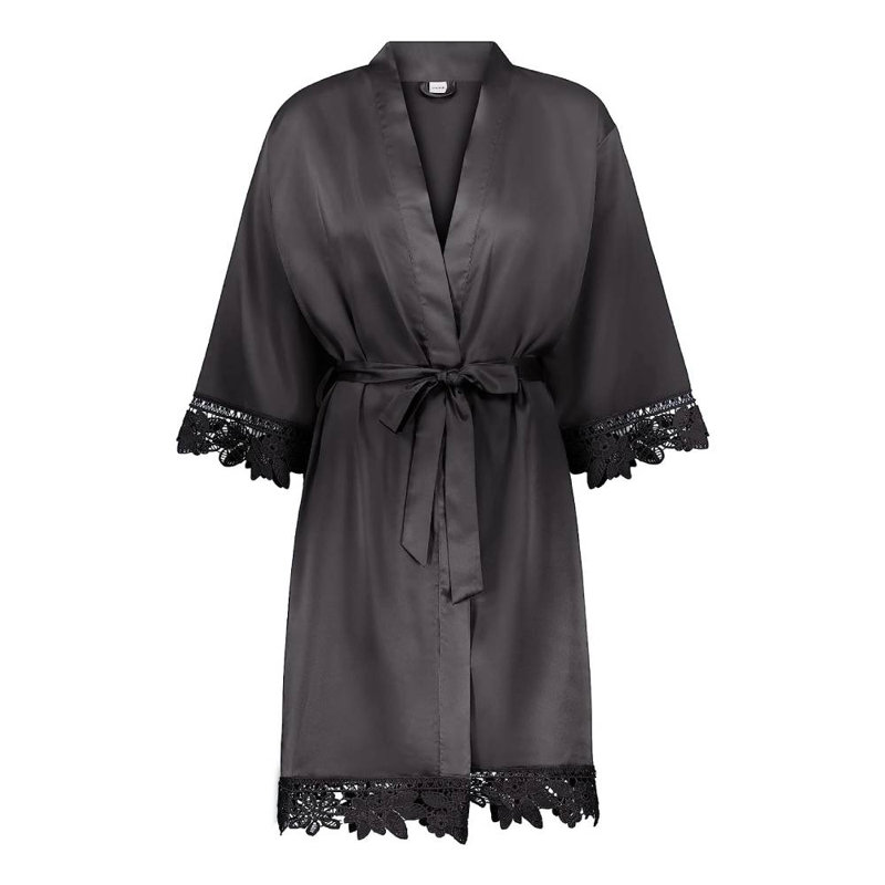Peignoir en satin de satin fille au-dessus du genou, XL / XXXL, Oui, Noir