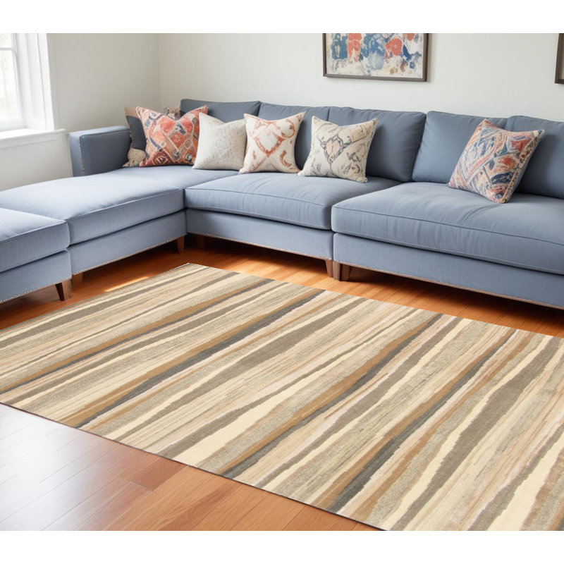 Tapis beige en laine à rayures abstraites tissé à la main 9 pi x 12 pi