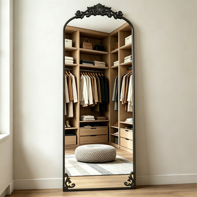 Arched Full-Length Mirror – Ornate Carved Metal Frame, Freestanding Floor Mirror With Artistic Base Detailing, Vintage Wall Mirror For Home Décor