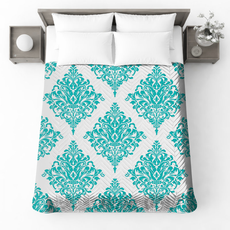 Turquoise Damask Pattern Quilted Bedspread All Sizes, Twin