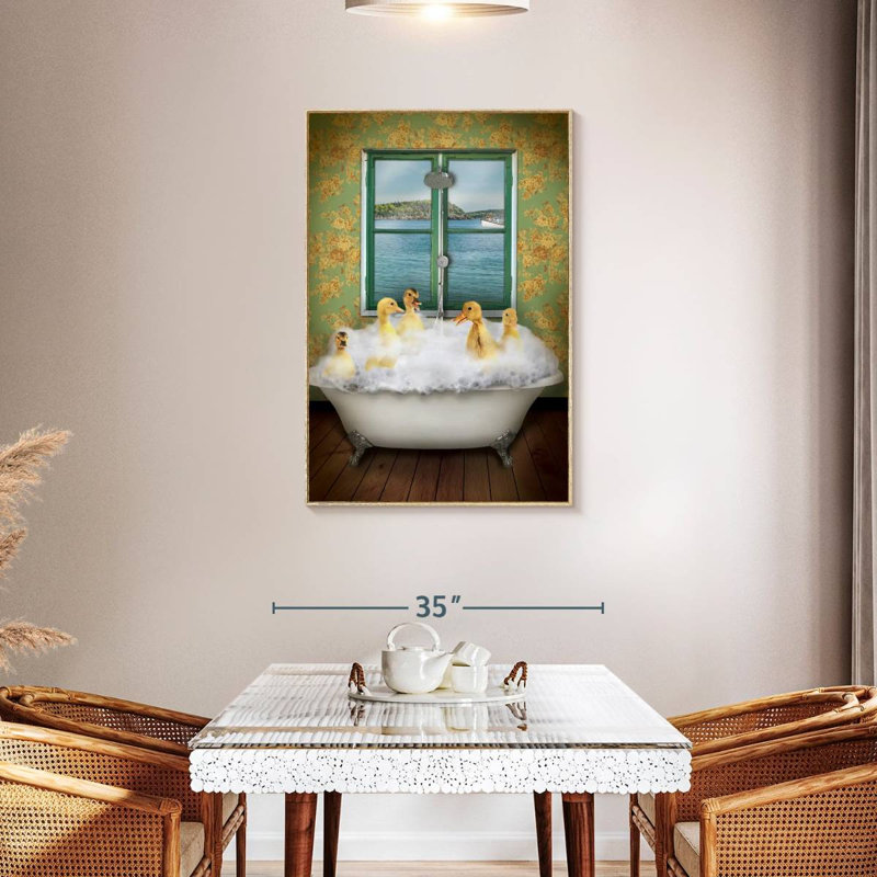 Ducks In Bath Tub, Floating Frame Natural Wood, 29" x 43"