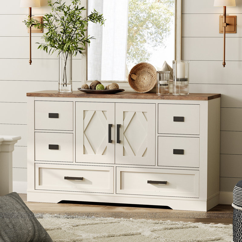 Laziza 6-Drawer Dresser With 2 Doors, 53.9" Wide, Perfect For Bedroom, Living Room, And Entryway, Rustic White/Brown
