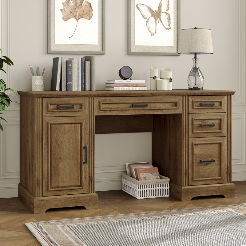 Buckhorn 58'' W Computer Desk with Outlet and 5 Drawers,Large Storage Cabinet for Home Office, Brown Wood/Brown Wood
