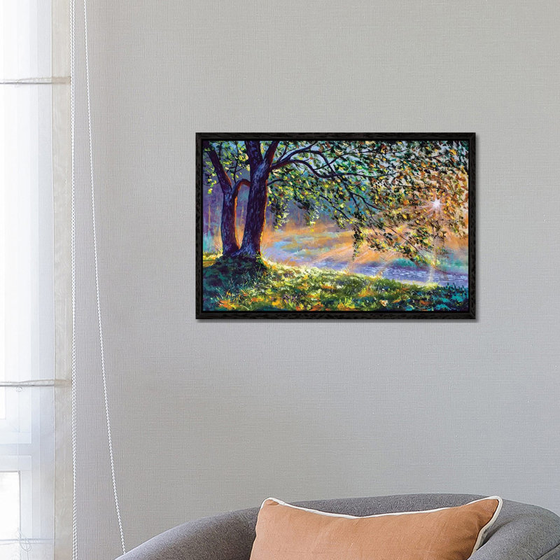 First Sun Rays In River. Big Trees And Warm Sunny Grass by Valery Rybakow - Painting on Canvas, Black Framed