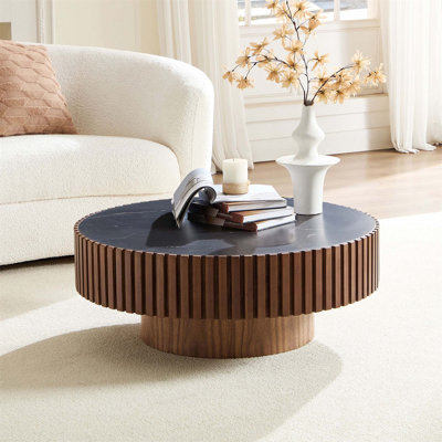 Table basse ronde en pierre frittée de 35,43 po de conception tambour moderne pour les espaces compacts et la vie élégante