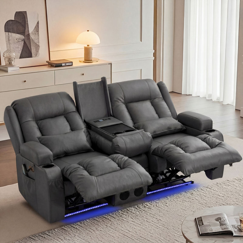 Power Reclining Sofa With Heat And Massage, Bluetooth Speakers And LED Lights, 3 Seater Dual Recliner Sofa With USB Ports And Cup Holders