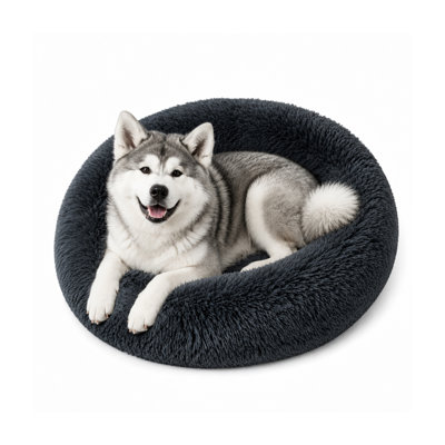 Lit pour chien Donut 31,5 pouces en fausse fourrure avec housse amovible et lavable pour petits chiens pesant jusqu'à 45 lb, gris foncé