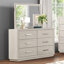 Commode avec miroir gris clair et six tiroirs de rangement pour mobilier de chambre transitionnel en acacia massif