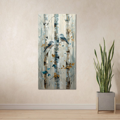  Bouleau, art mural, petit paysage vertical, toile, tremble, oiseaux, décoration murale, impressions de bouleau impressionnistes modernes pour le salon, décoration de chambre à coucher 12 x 24 po